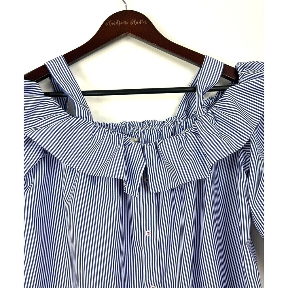 Janet Chung Womens Size L Blouse Blue White Striped Off Shoulder Ruffle Top H2 - Picture 8 of 12